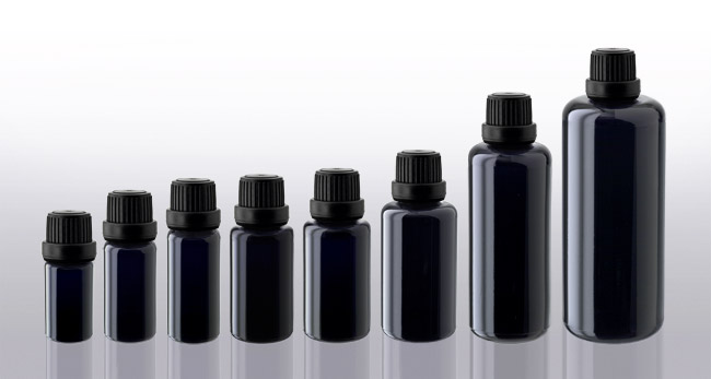 Miron - Violettglasflaschen 5-100 ml mit Schraubverschluss mit Originalitätssicherung III und Gießring